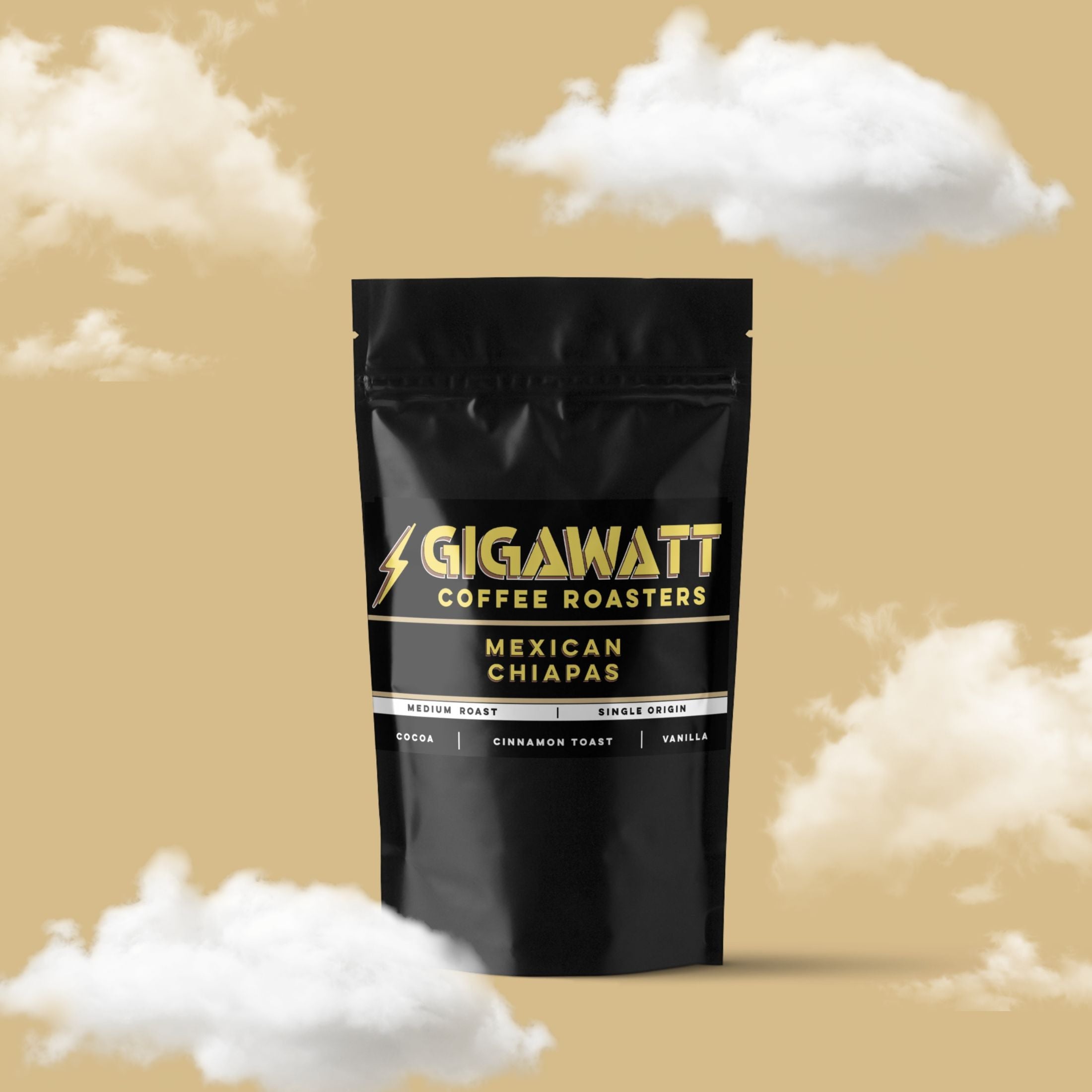 Gigawatt Coffee Roasters Mexican Chiapas Coffee, single origin medium roast with smooth cinnamon toast, vanilla, and cacao notes. 3 oz bag, set against a cloud-filled background.
