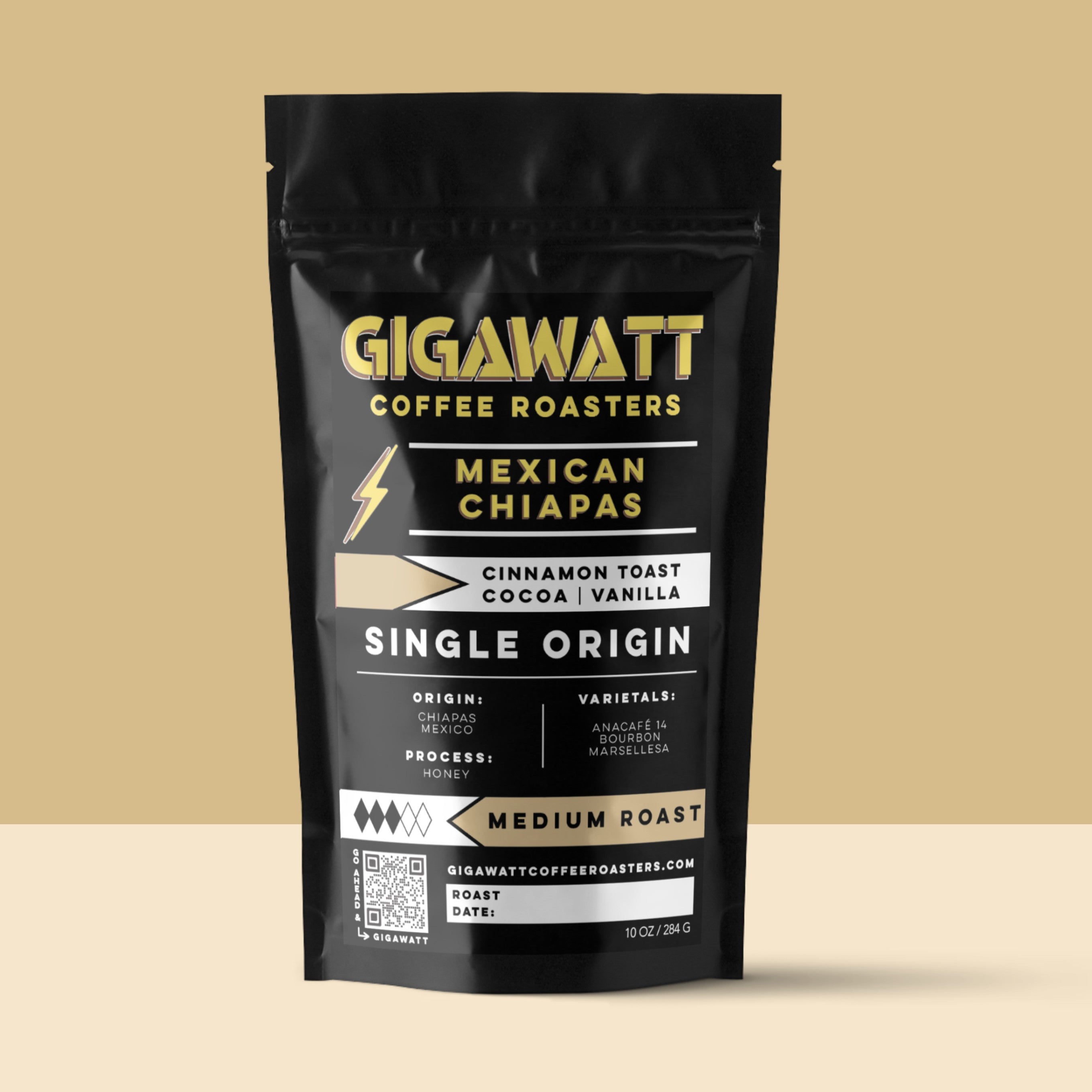 Gigawatt Coffee Mexican Chiapas Coffee, single origin medium roast with smooth cinnamon toast, vanilla, and cacao notes. 10 oz, set against a cloud-filled background.
