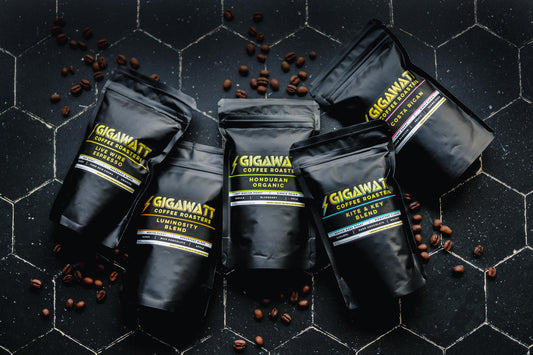 Five Black Bags of Gigawatt Coffee Sample Packs.