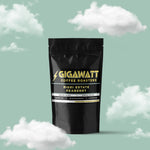 Gigawatt Coffee Sigri Estate Peaberry, 3 oz single origin Papua New Guinea coffee with medium roast and notes of blackcurrant, lemon pie, and sugarcane. Set against a cloud-filled background.