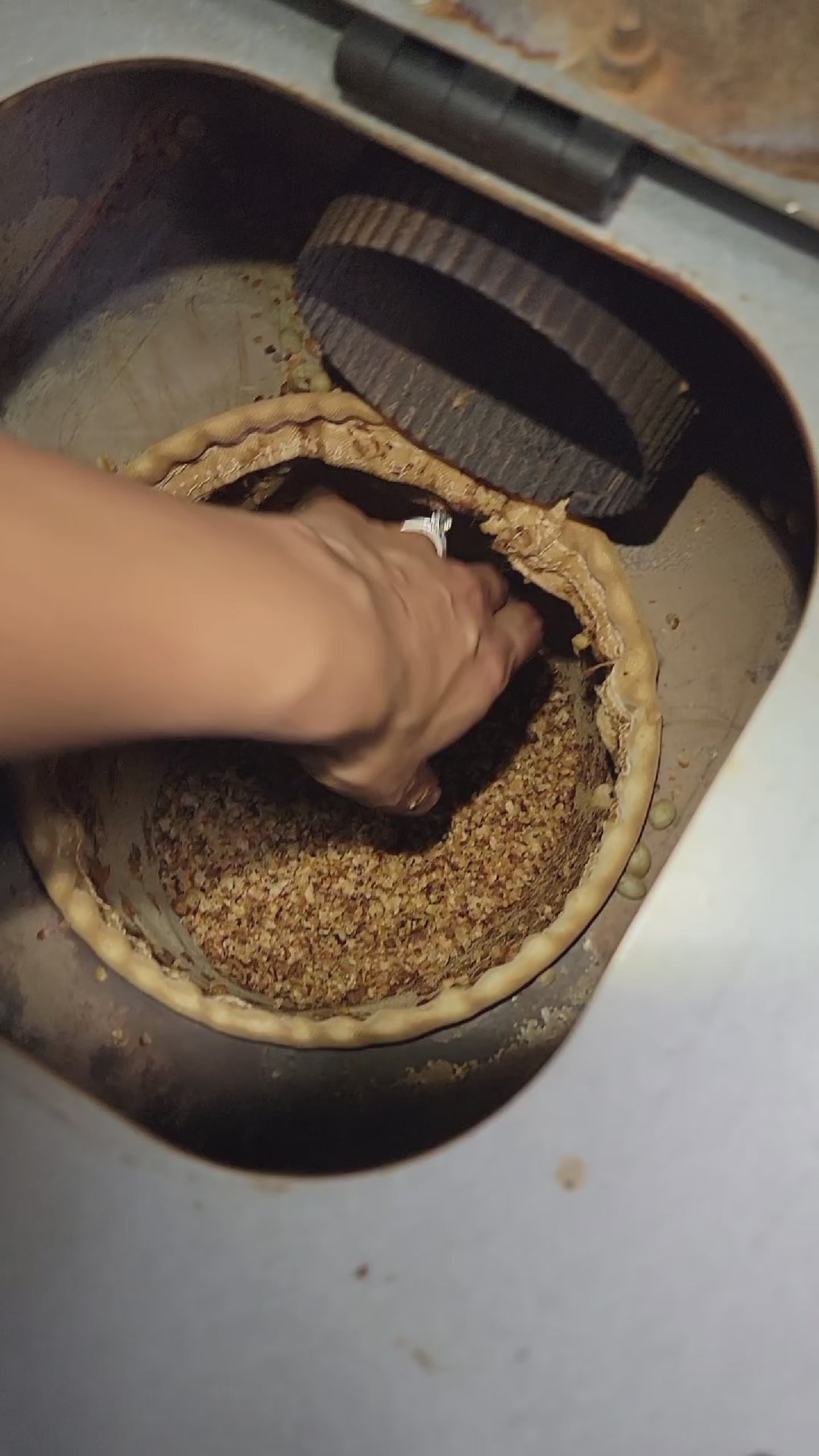 Hand reaching in coffee chaff chamber and showing coffee chaff.