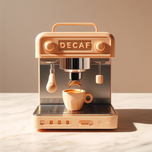 An Orange Decaf Espresso Machine on white marble countertop against a beige background.