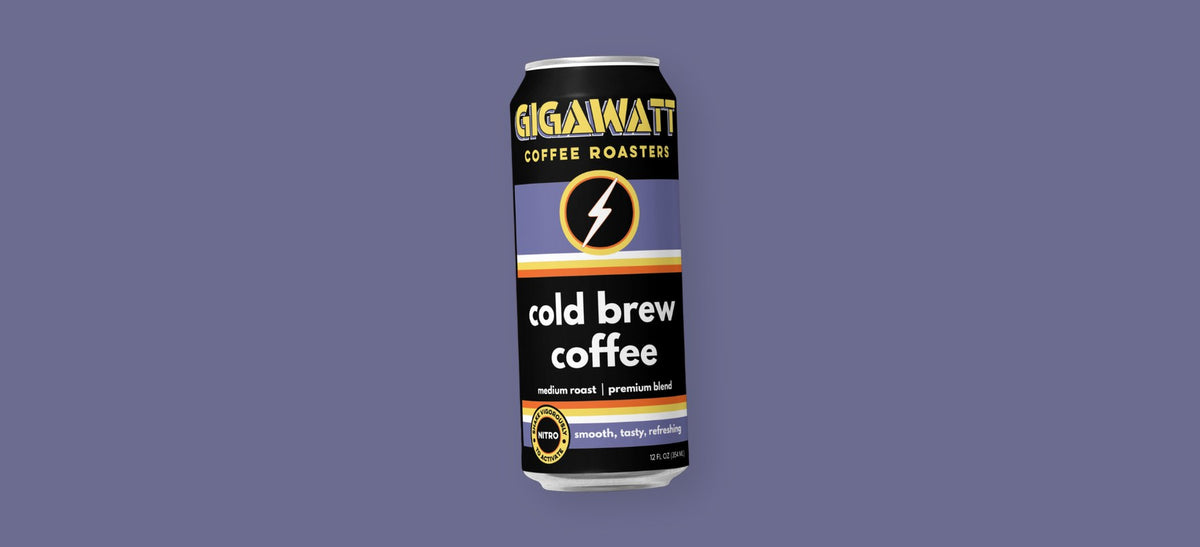 A can of Gigawatt Coffee Roasters cold brew coffee, medium roast with a light nitrogen infusion, on a purple background