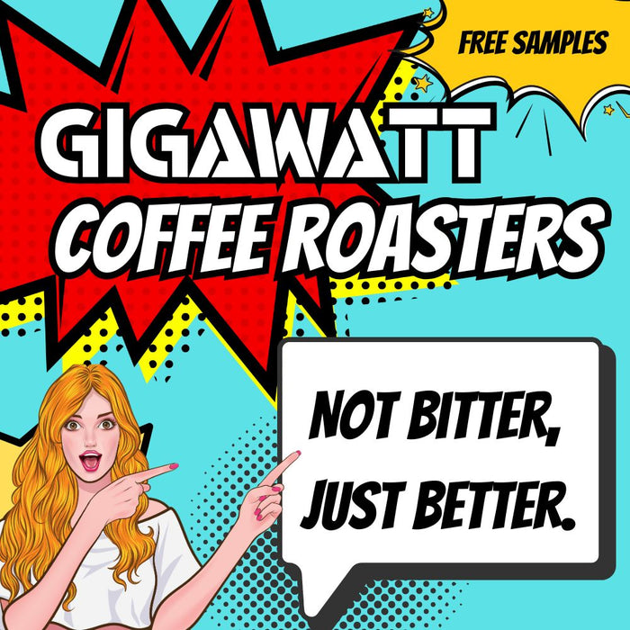 Gigawatt Coffee booth design with “Not Bitter, Just Better” tagline in comic style