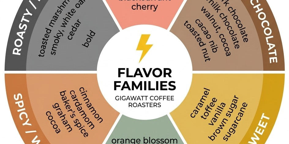 Gigawatt Coffee Roasters flavor families wheel showing six categories of coffee tasting notes including fruity nutty chocolate sweet floral spicy and roasty