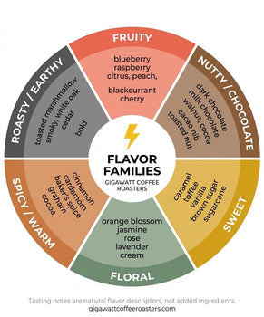 Gigawatt Coffee Roasters flavor families wheel showing six categories of coffee tasting notes including fruity nutty chocolate sweet floral spicy and roasty