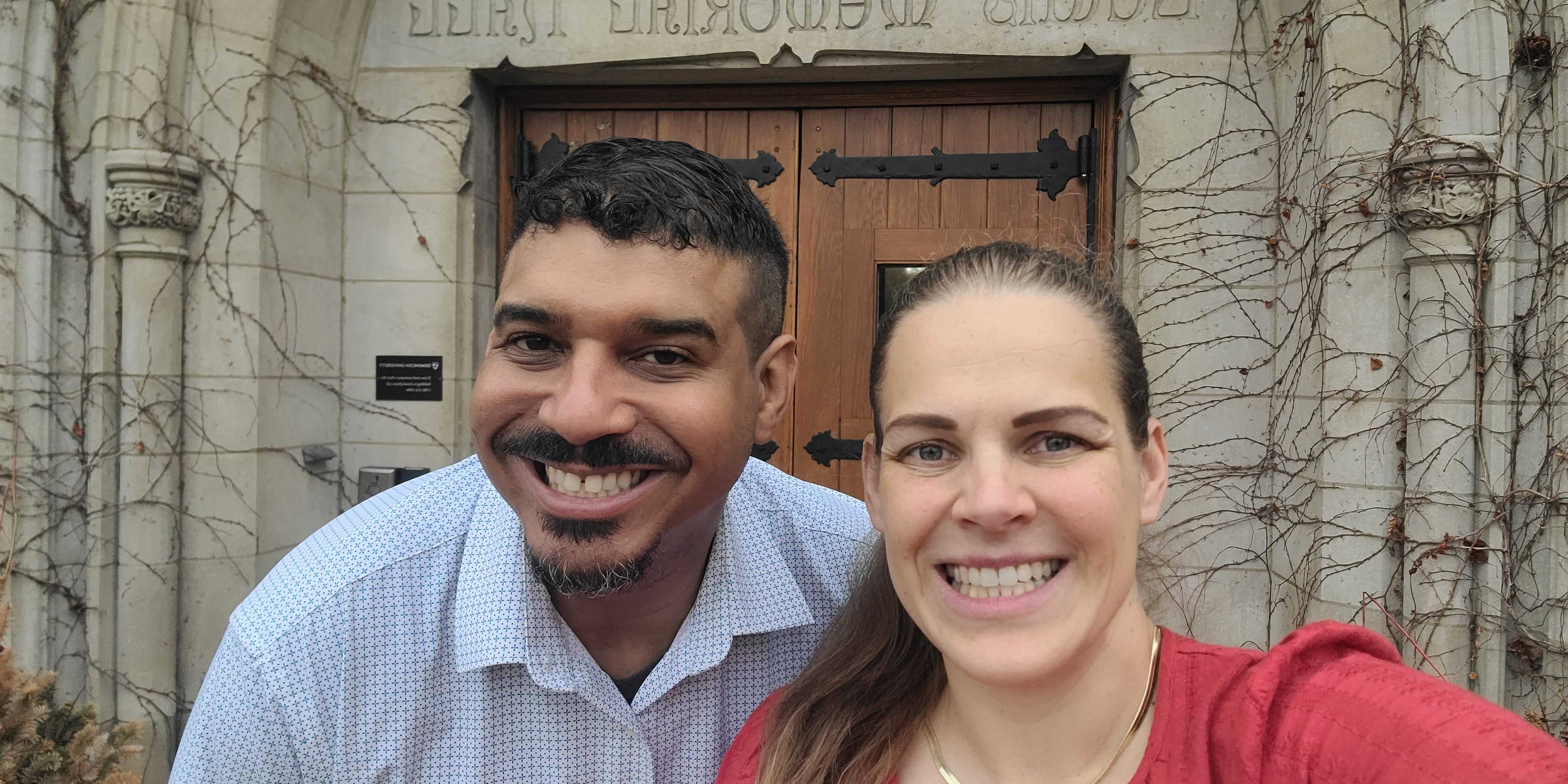 Jen and Eli Coleman of Gigawatt Coffee Roasters at Lewis Memorial Hall, Dominican University, before guest lecturing about AI for small business
