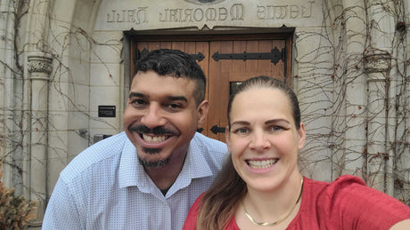 Jen and Eli Coleman of Gigawatt Coffee Roasters at Lewis Memorial Hall, Dominican University, before guest lecturing about AI for small business