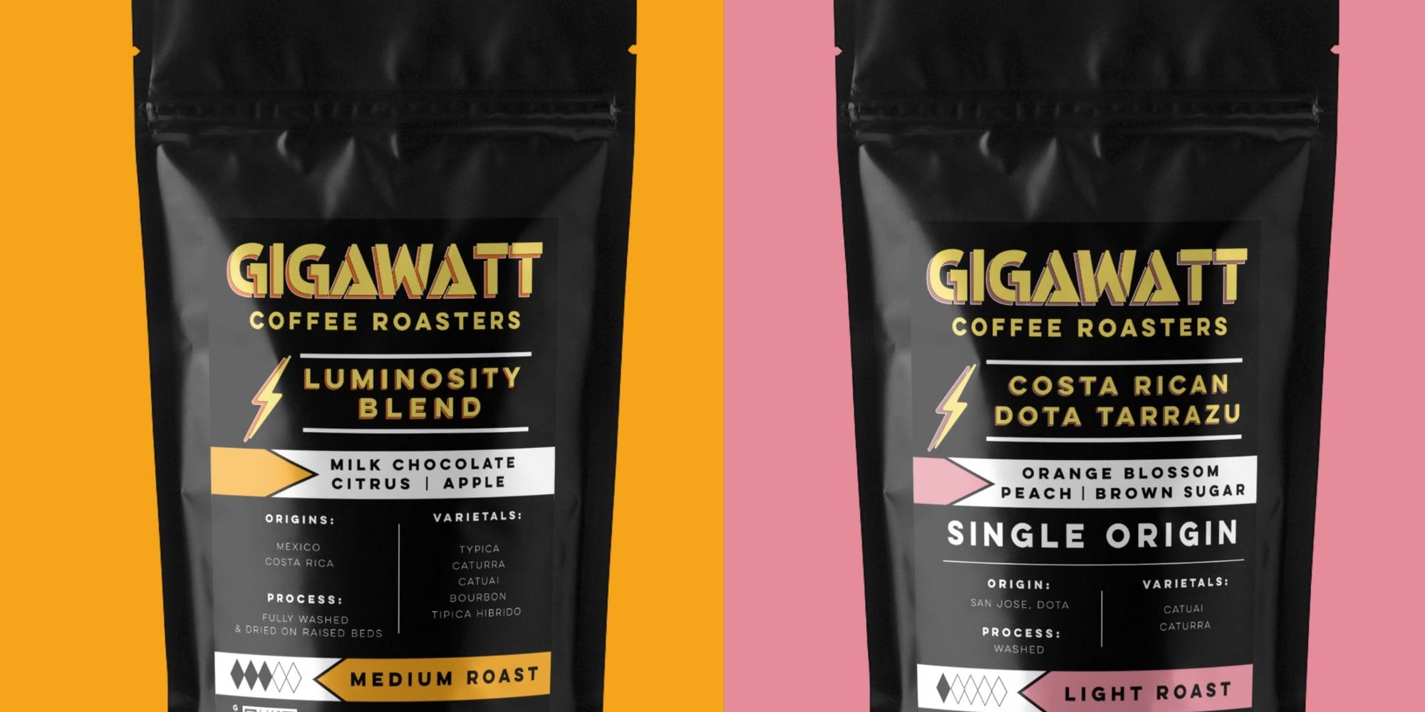 Two Gigawatt air roasted coffee bags on bright orange and pink, a coffee gift for coffee lovers