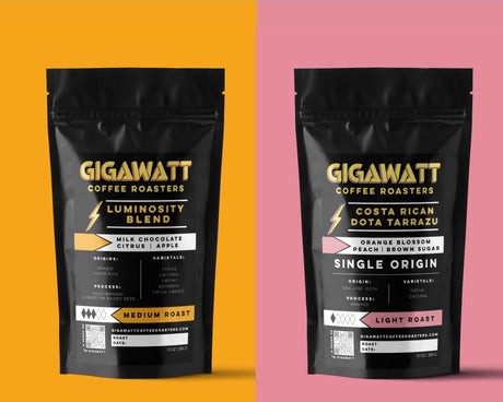 Two Gigawatt air roasted coffee bags on bright orange and pink, a coffee gift for coffee lovers