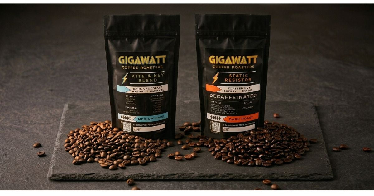 Gigawatt Coffee Roasters Half Caff Coffee combo showing Kite and Key Blend and Static Resistor Decaf bags with scattered coffee beans on dark slate