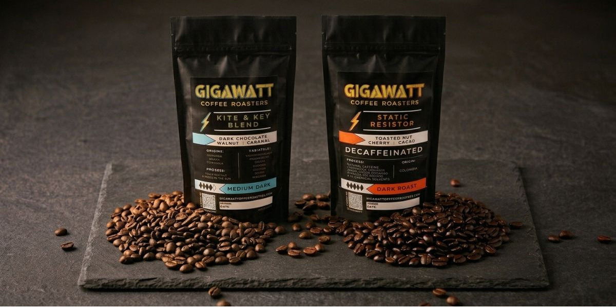 Gigawatt Coffee Roasters Half Caff Coffee combo showing Kite and Key Blend and Static Resistor Decaf bags with scattered coffee beans on dark slate