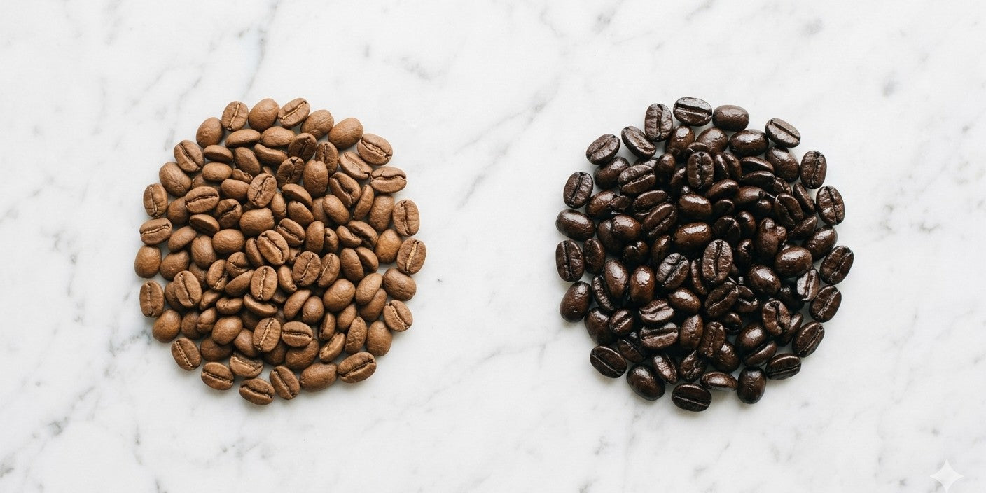 Light roast coffee beans next to dark roast coffee beans showing the color and texture difference between roast levels