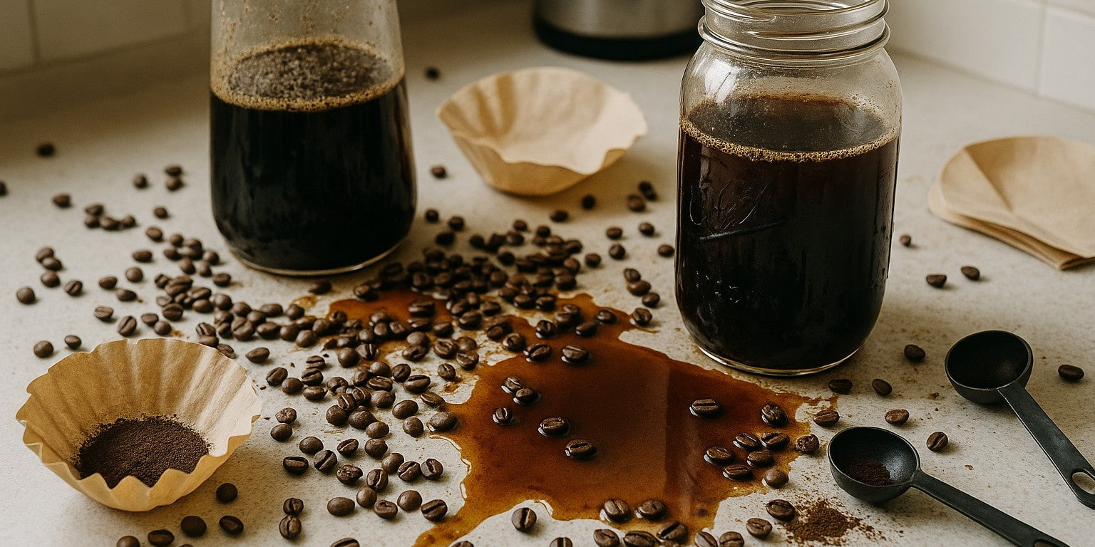 Messy cold brew setup with bitter coffee beans and spilled cold brew