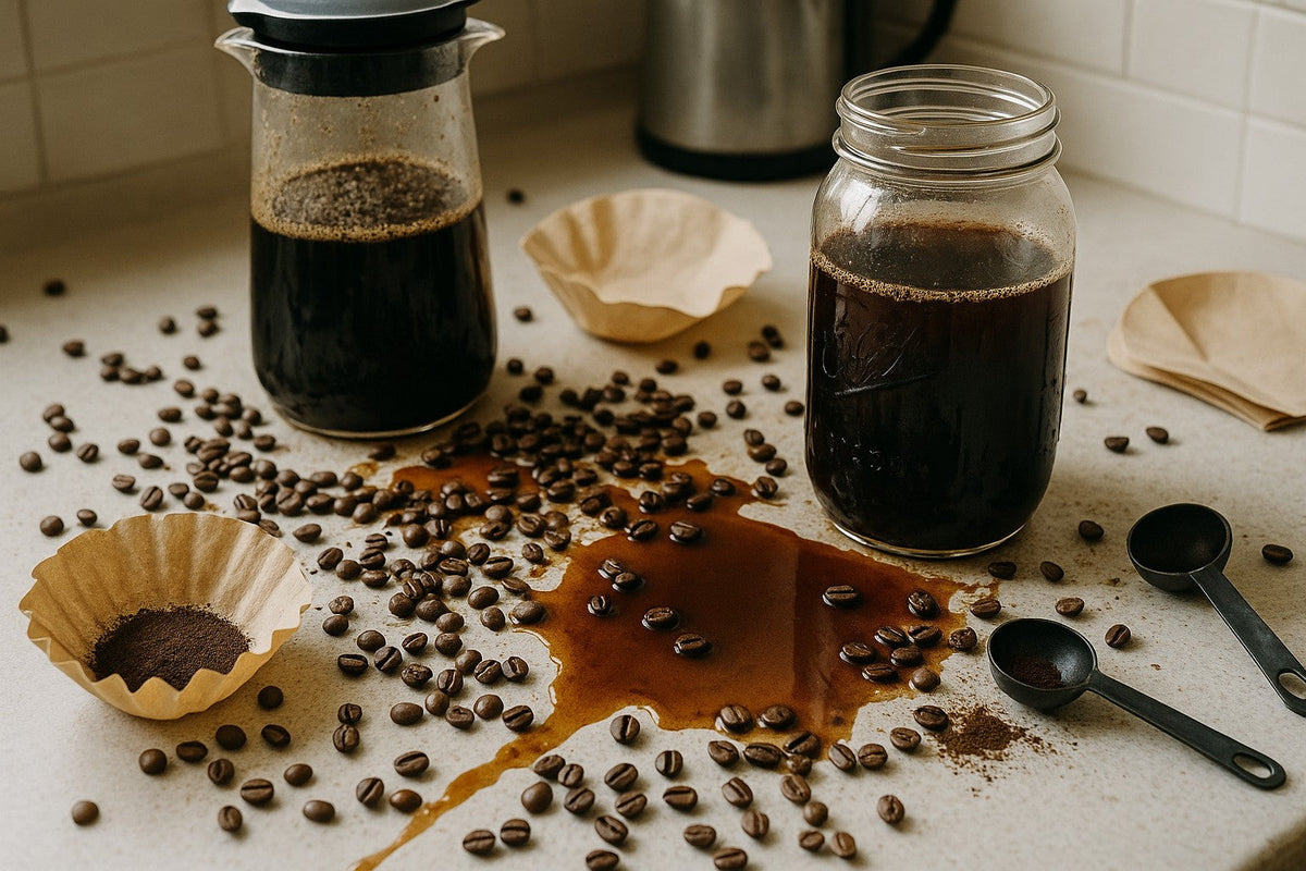 Messy cold brew setup with bitter coffee beans and spilled cold brew