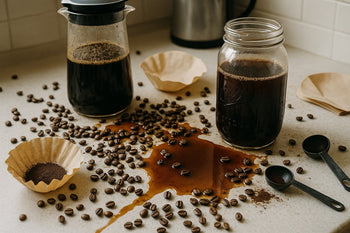 Messy cold brew setup with bitter coffee beans and spilled cold brew