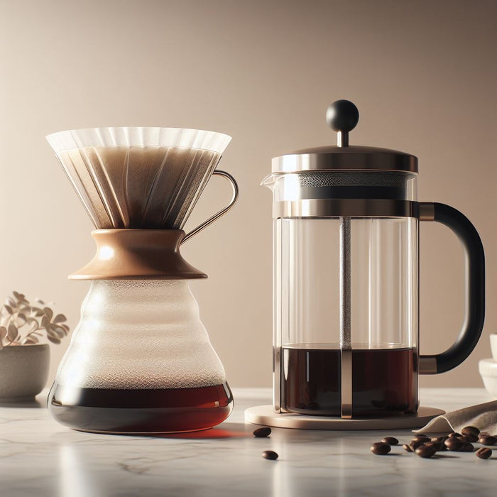 Pour over coffee dripper and French press side by side showing two popular manual brewing methods