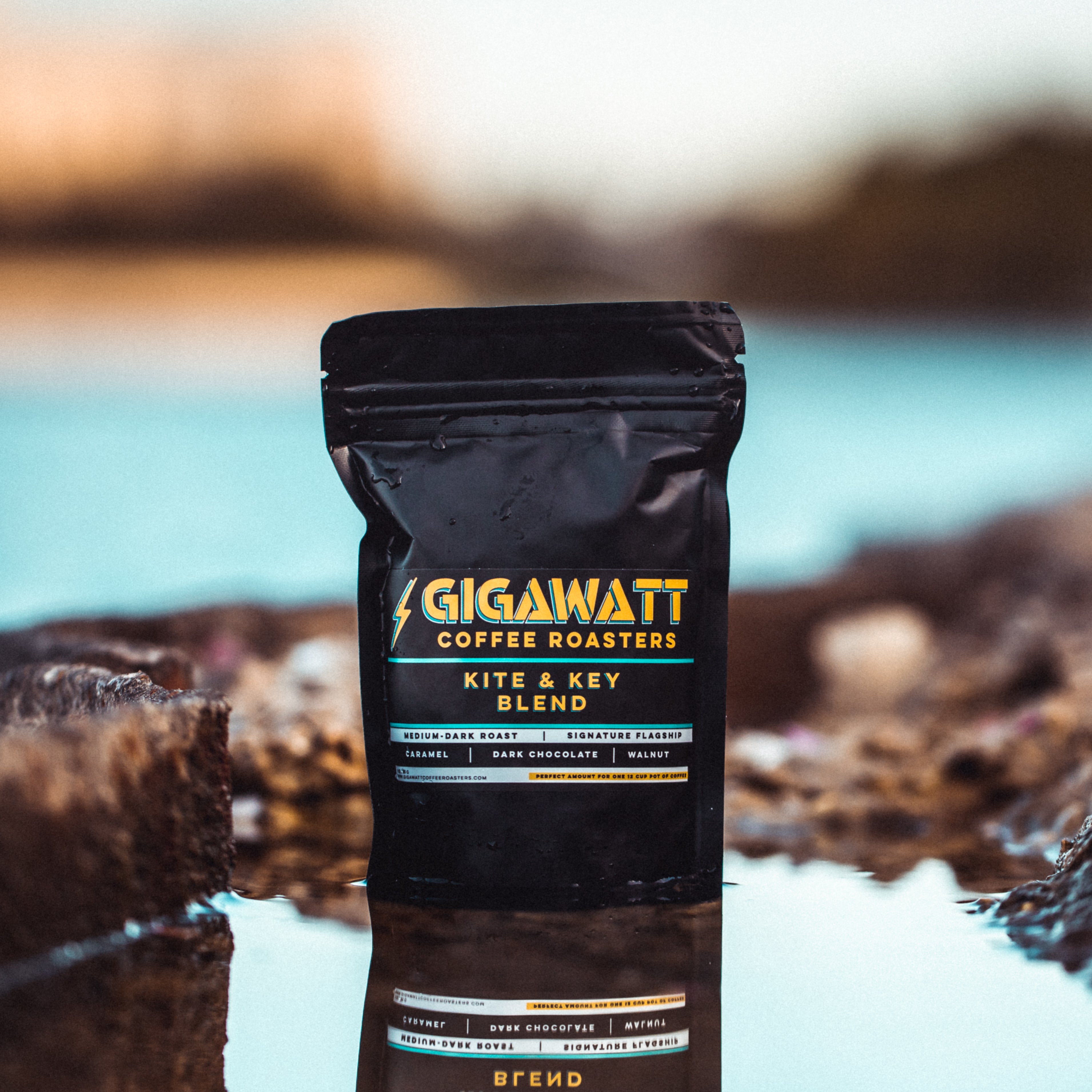 Gigawatt Coffee Kite and Key Blend standing  in water with reflection.