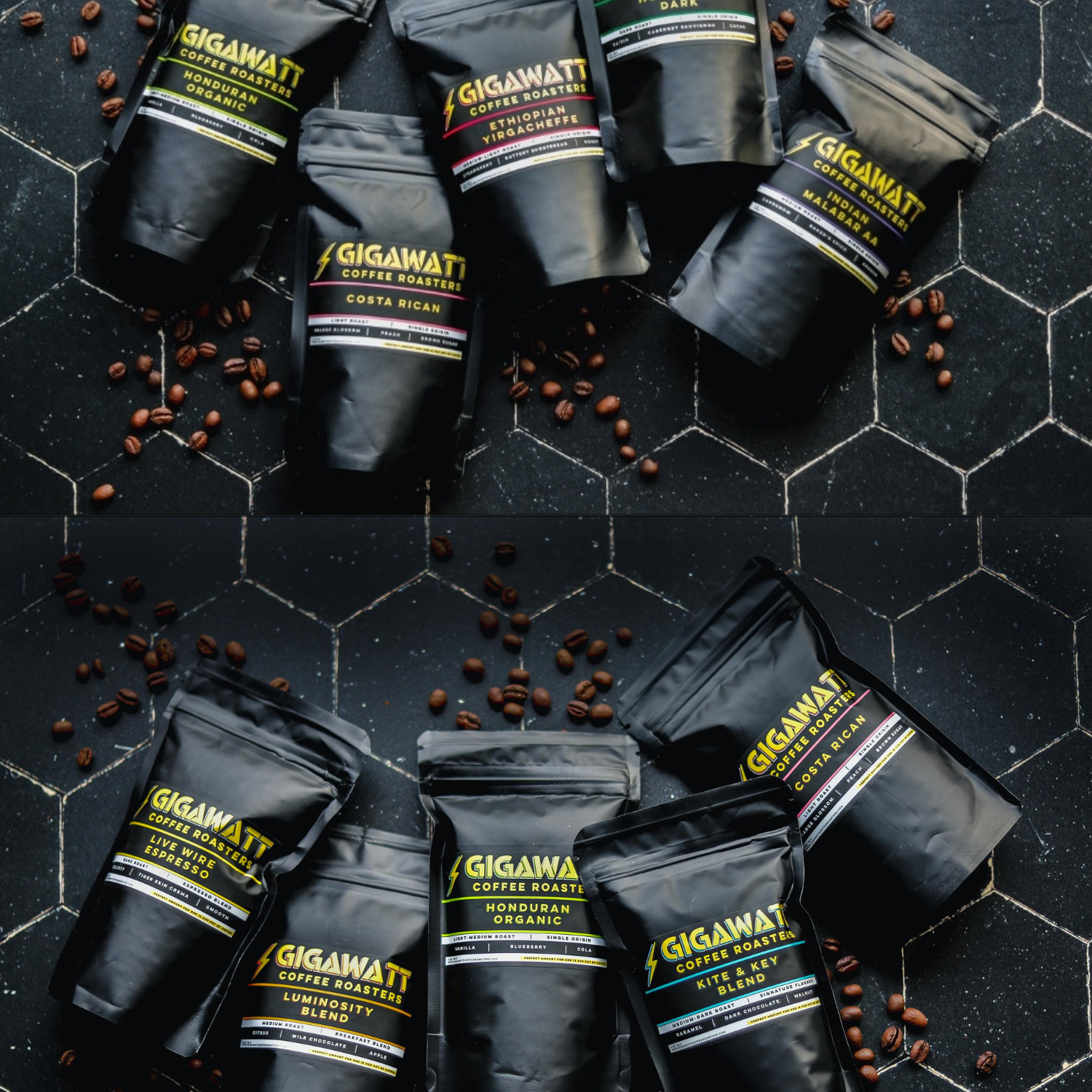 Ten Black Bags of Gigawatt Coffee Packs