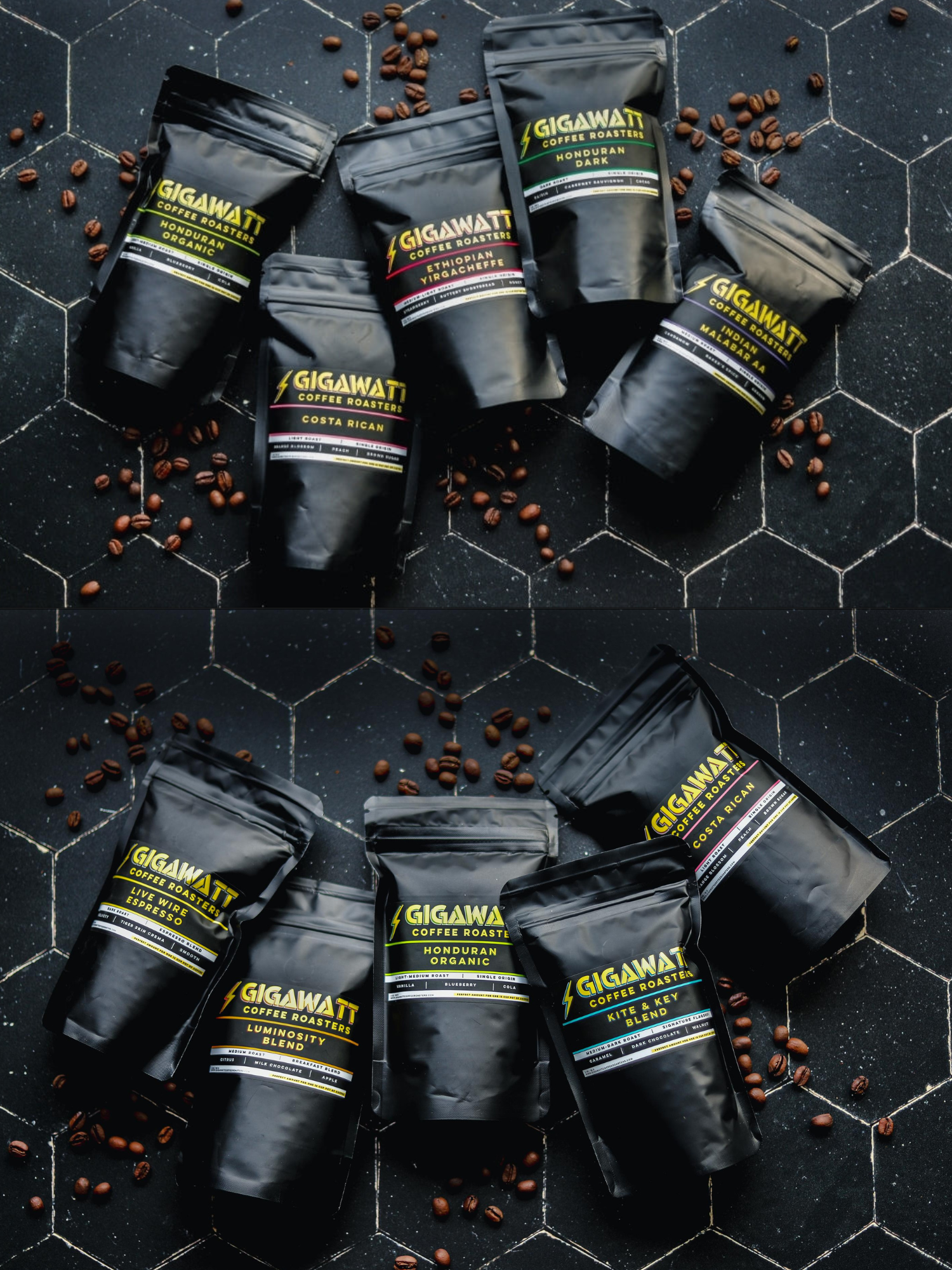Ten Black Bags of Gigawatt Coffee Packs
