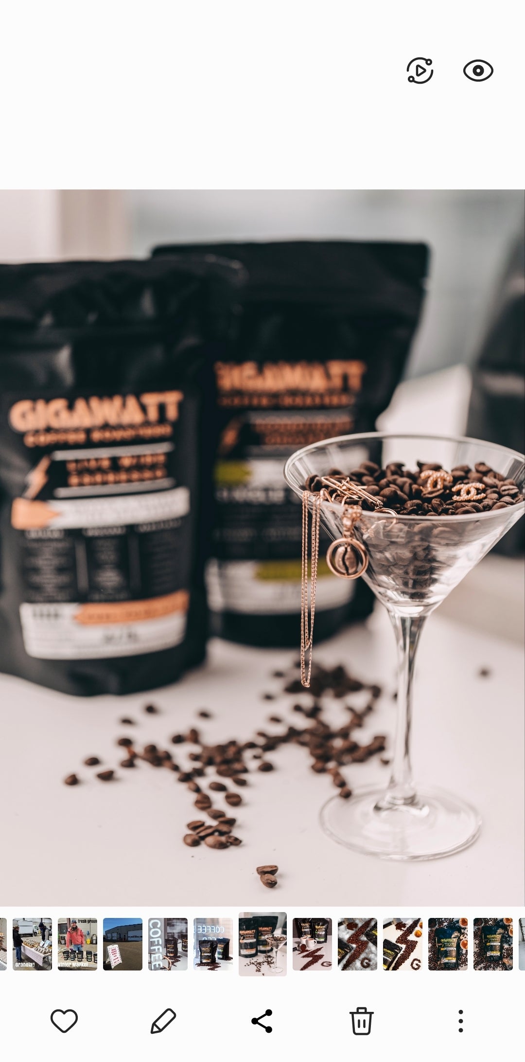 Gigawatt Artisanal Coffee Beans in Martini Glass with coffee bean necklace.