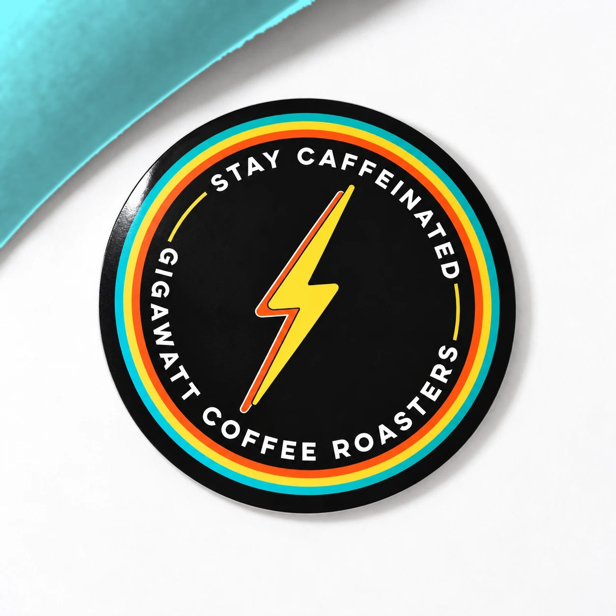 Gigawatt Coffee Roasters 2.5 inch bolt circle sticker with Stay Caffeinated ring, gloss finish