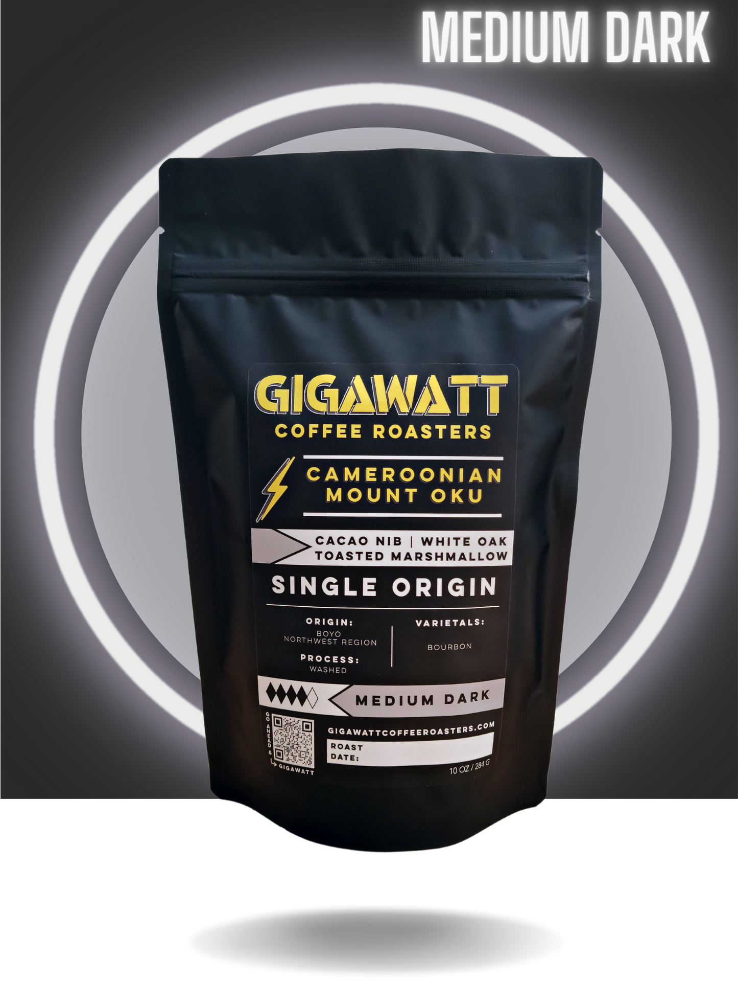 Black bag of Gigawatt Cameroon Coffee from Mount Oku, Medium Dark Roast.