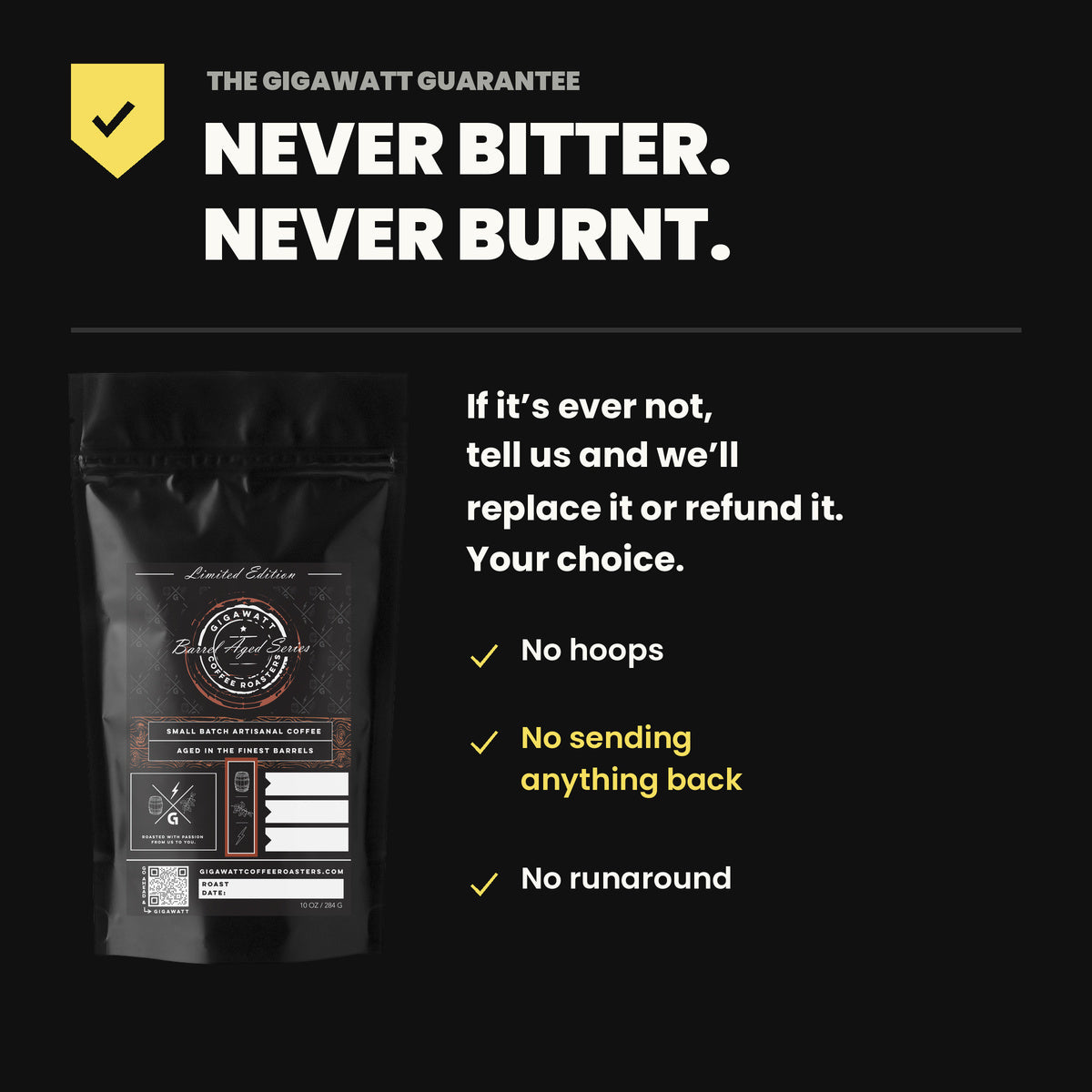 Gigawatt Coffee Barrel Aged guarantee - never bitter, never burnt. No hoops, no sending anything back, no runaround.