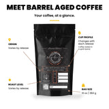 Gigawatt Barrel Aged Series at a glance: limited edition small batch coffee rested in a spirit barrel, origin and roast vary by release, 10 oz bag