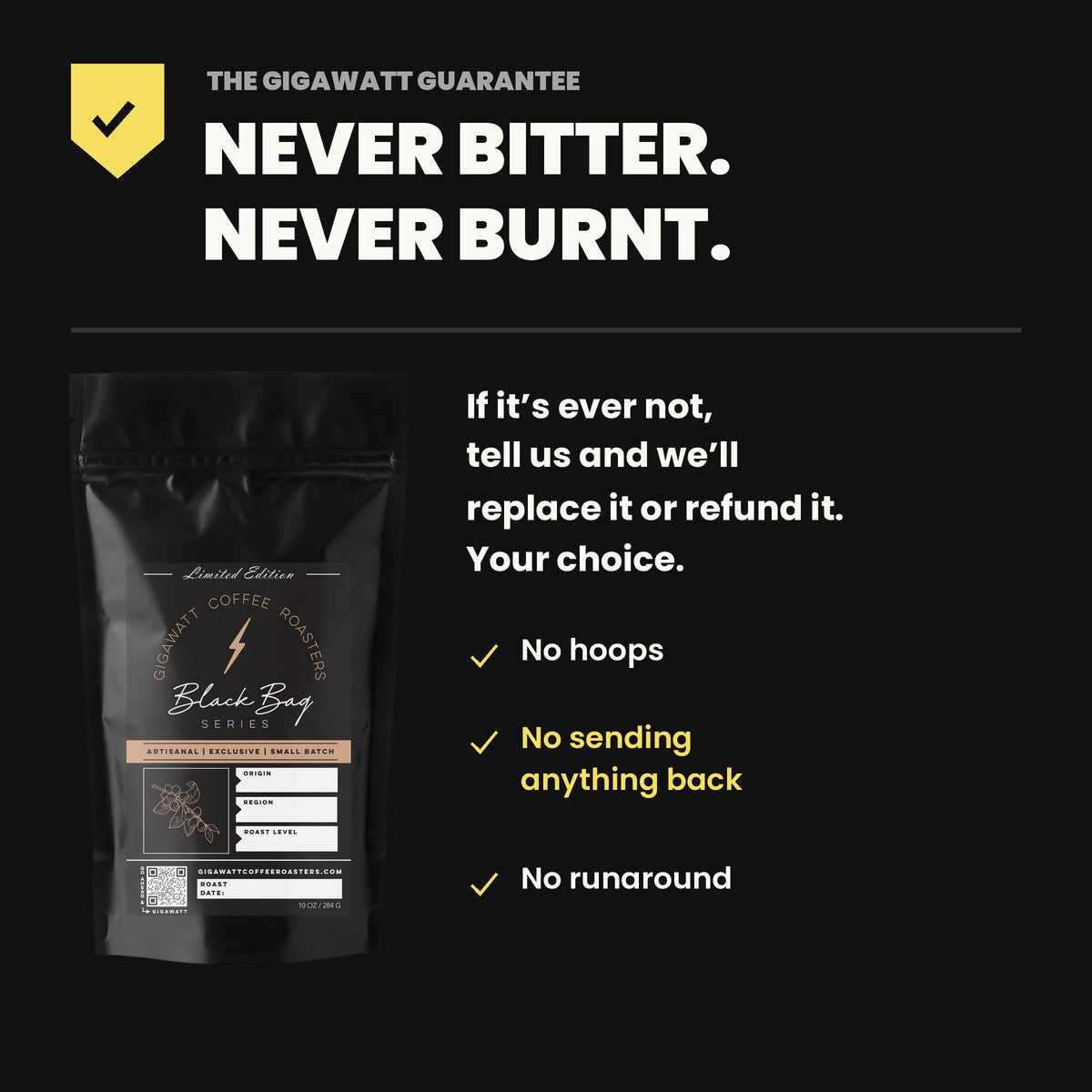 Gigawatt Coffee Black Bag Series guarantee - never bitter, never burnt. No hoops, no sending anything back, no runaround.
