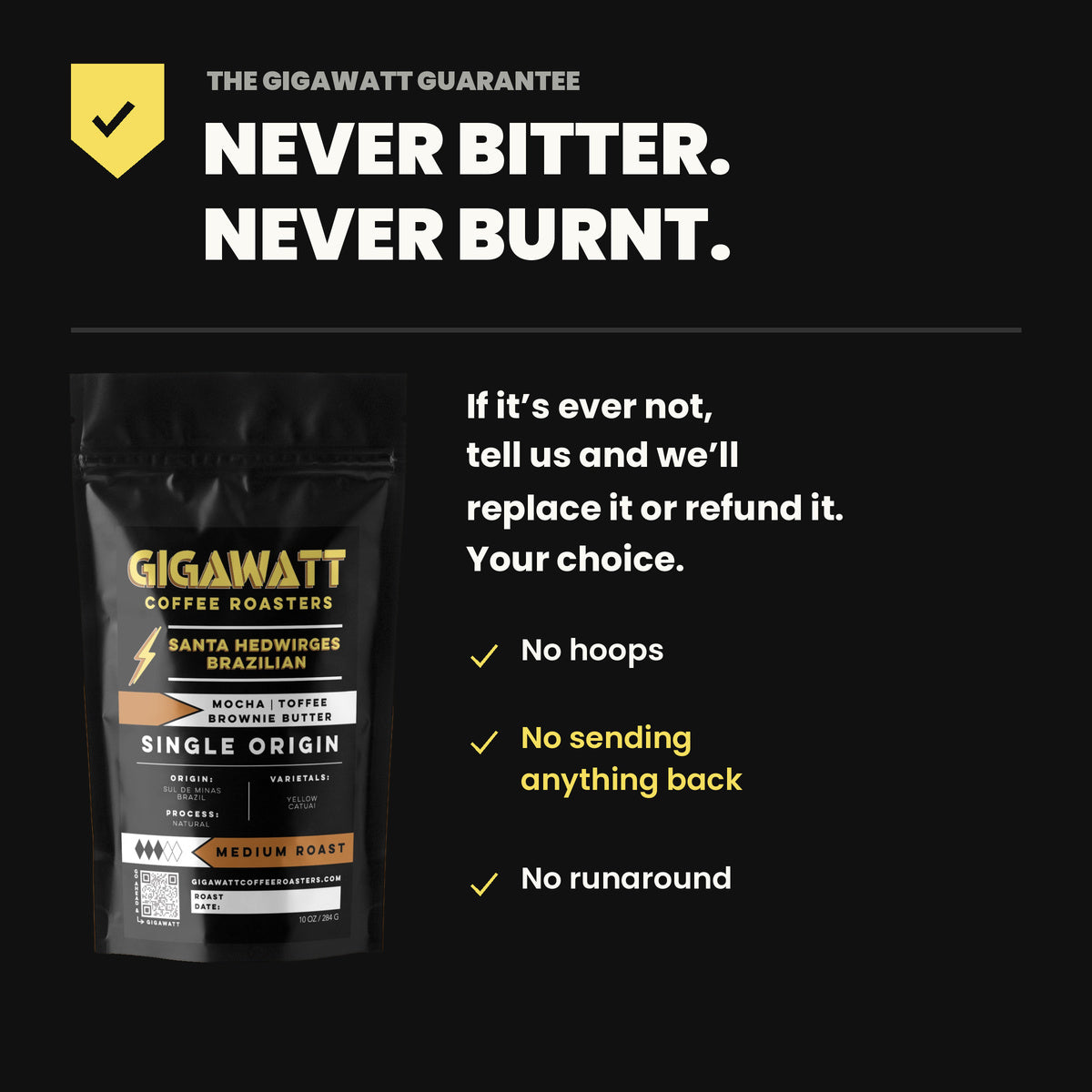 Gigawatt Coffee Santa Hedwirges Brazilian guarantee - never bitter, never burnt. No hoops, no sending anything back, no runaround.