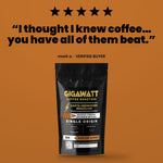 Verified five-star customer review of Gigawatt Brazilian Santa Hedwirges coffee, shown with the 10 oz bag