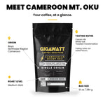 Gigawatt Cameroonian Mount Oku at a glance: single origin medium dark roast from Boyo, Northwest Region, with cacao nib, white oak and toasted marshmallow notes, 10 oz bag