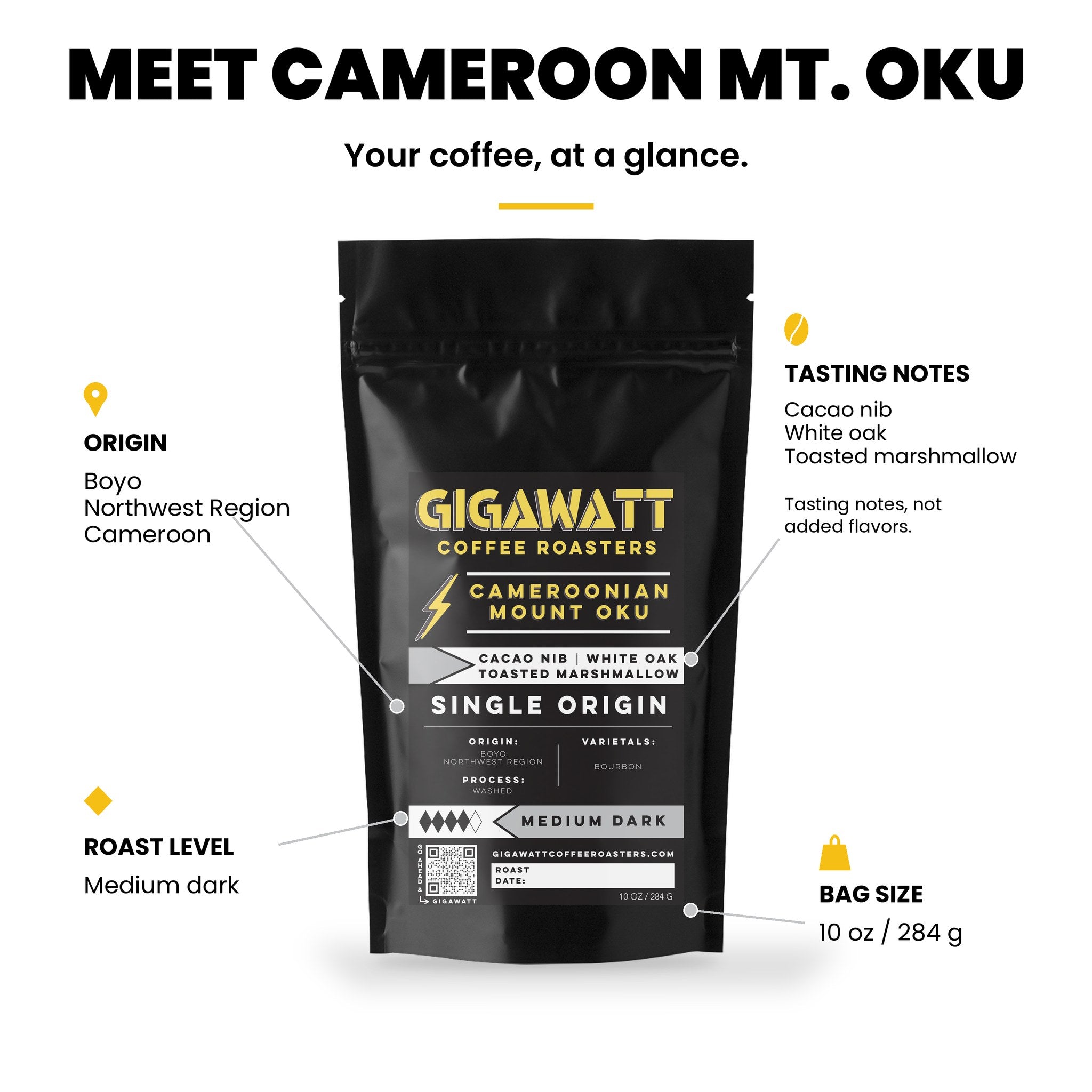 Gigawatt Cameroonian Mount Oku at a glance: single origin medium dark roast from Boyo, Northwest Region, with cacao nib, white oak and toasted marshmallow notes, 10 oz bag