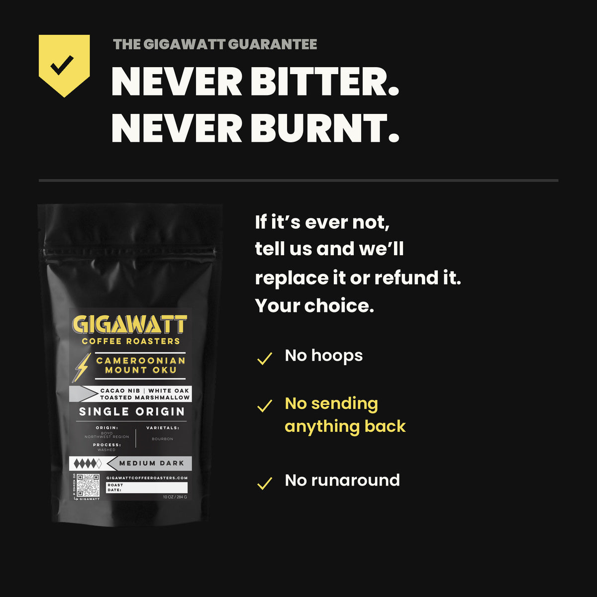 Gigawatt Coffee Cameroon Mount Oku guarantee - never bitter, never burnt. No hoops, no sending anything back, no runaround.