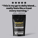 Verified five-star customer review of Gigawatt Cameroonian Mount Oku coffee, shown with the 10 oz bag