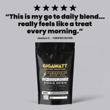 Verified five-star customer review of Gigawatt Cameroonian Mount Oku coffee, shown with the 10 oz bag