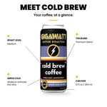 Gigawatt canned cold brew coffee at a glance: medium roast premium blend, nitro, shake to activate, 12 fl oz / 354 ml can