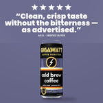 Verified five-star customer review of Gigawatt canned cold brew coffee, shown with the 12 fl oz can