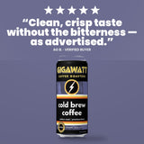 Verified five-star customer review of Gigawatt canned cold brew coffee, shown with the 12 fl oz can