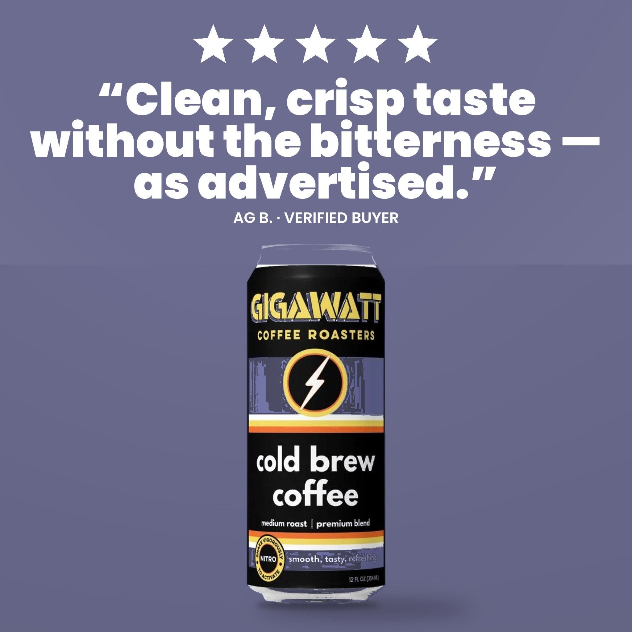Verified five-star customer review of Gigawatt canned cold brew coffee, shown with the 12 fl oz can
