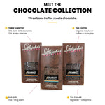 Gigawatt Coffee Chocolate Bar Collection at a glance: three 3 oz bars handcrafted by Littlejohn's Candies with organic Honduran coffee, gluten free, limited edition