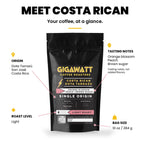 Gigawatt Costa Rican Dota Tarrazu at a glance: single origin light roast with orange blossom, peach and brown sugar notes, 10 oz bag