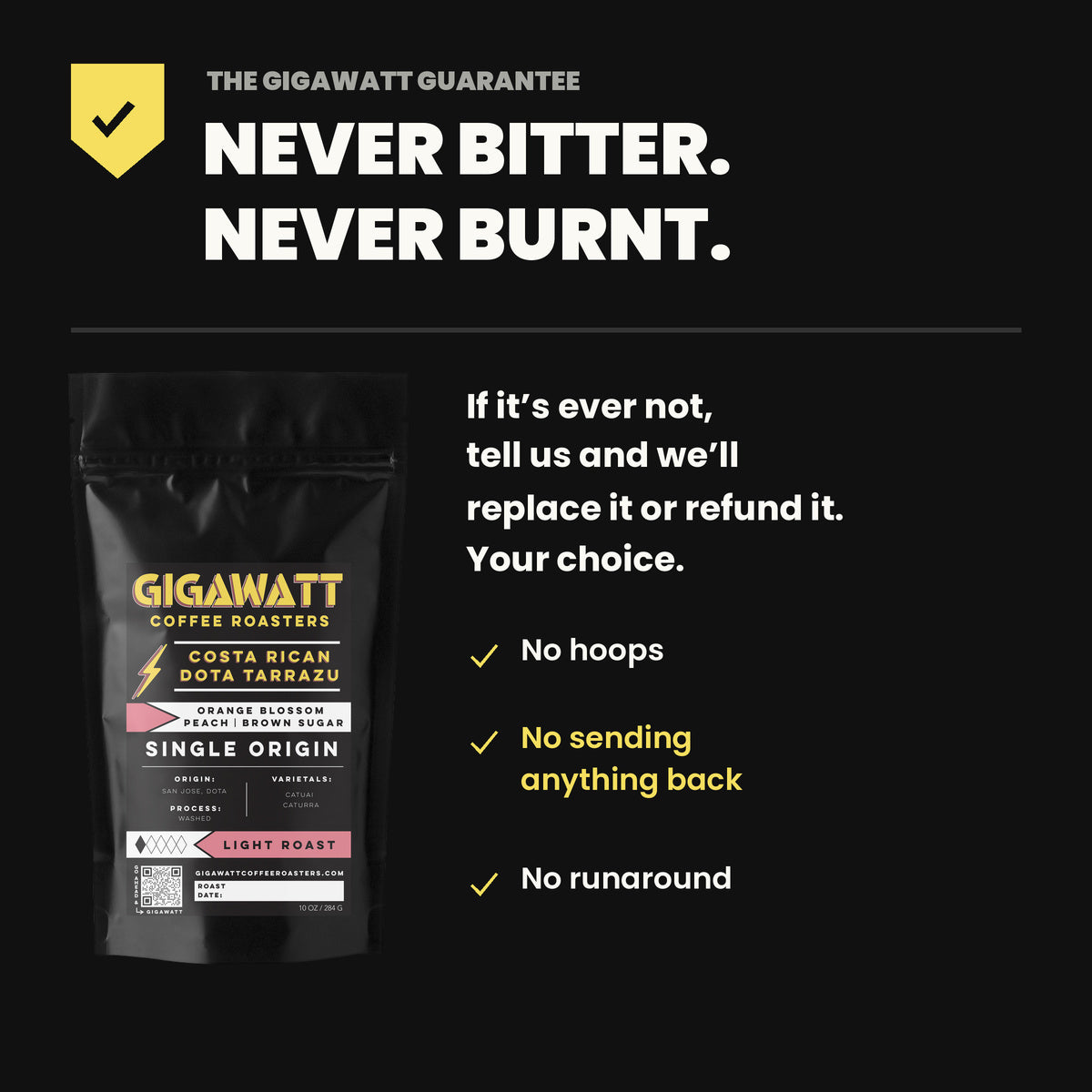Gigawatt Coffee Costa Rican Tarrazu guarantee - never bitter, never burnt. No hoops, no sending anything back, no runaround.