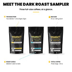 Gigawatt Dark Roast Coffee Sampler at a glance: Live Wire Espresso, Kite and Key and Honduran Dark Roast, three 10 oz bags