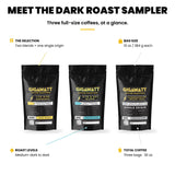 Gigawatt Dark Roast Coffee Sampler at a glance: Live Wire Espresso, Kite and Key and Honduran Dark Roast, three 10 oz bags