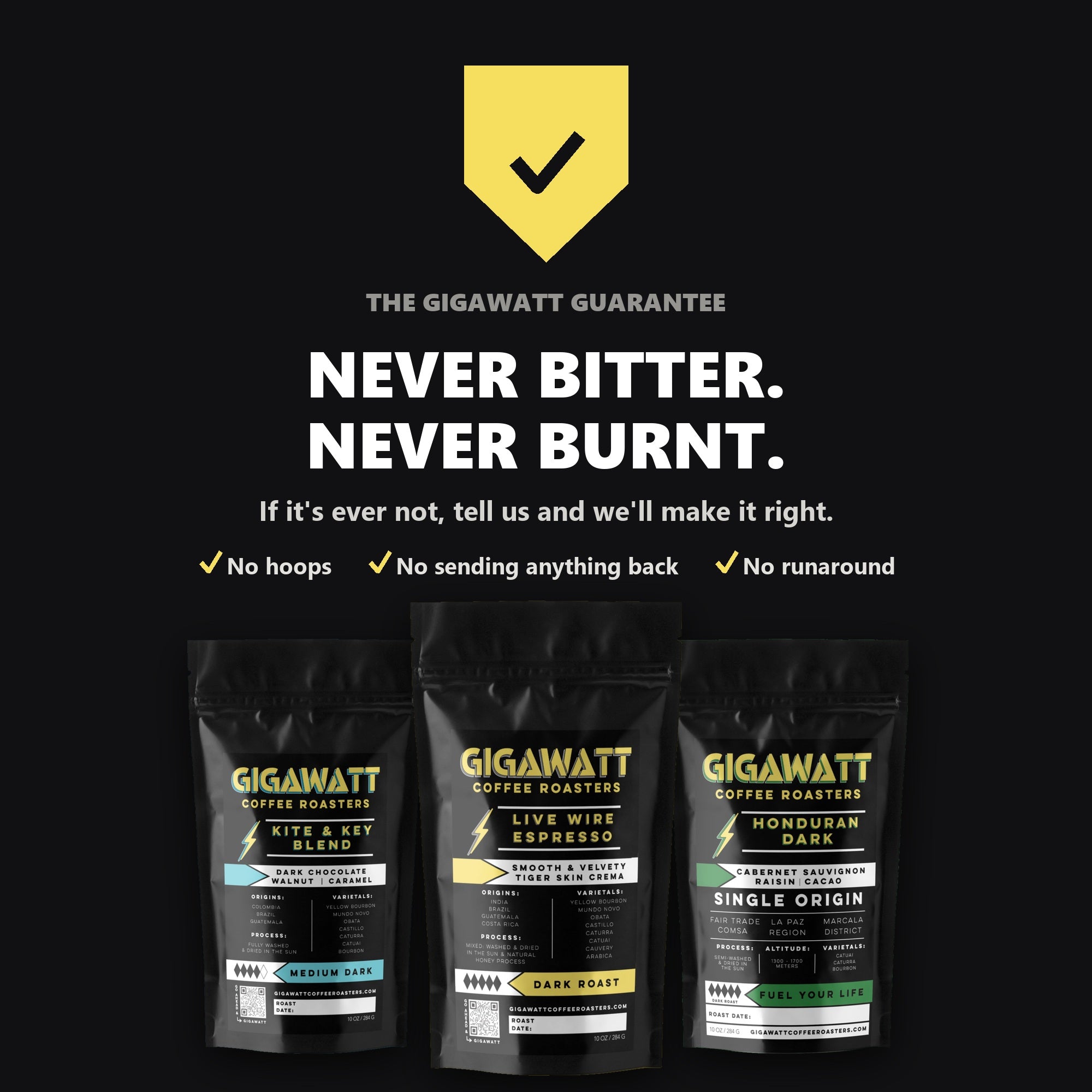 The Gigawatt Guarantee: never bitter, never burnt. If it's ever not, tell us and we'll make it right