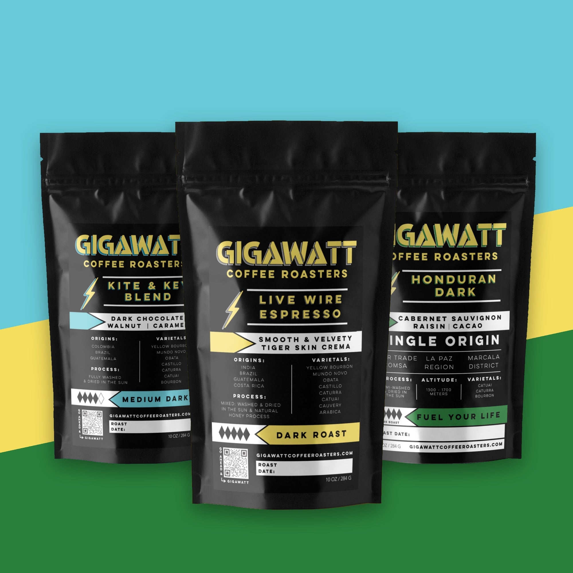 Gigawatt Dark Roast Coffee Sampler: three 10 oz bags of Kite & Key, Live Wire Espresso and Honduran Dark