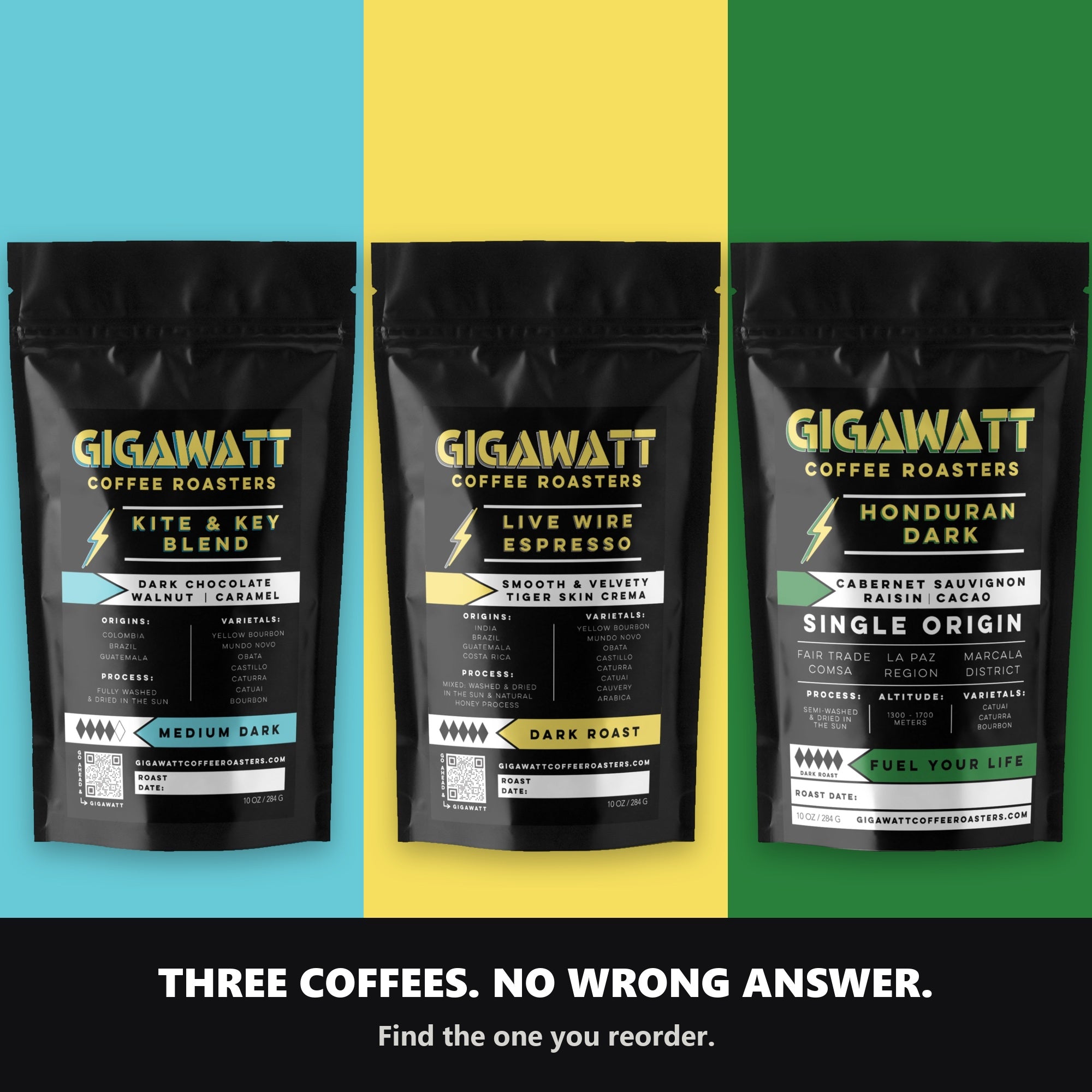 Three coffees, no wrong answer — the Gigawatt Dark Roast Sampler, find the one you reorder