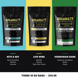 What's inside the Gigawatt Dark Roast Sampler: Kite & Key, Live Wire Espresso and Honduran Dark with tasting notes